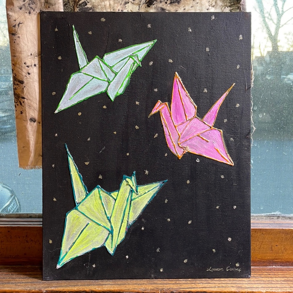 Original art origami cranes in space painting glow in the dark